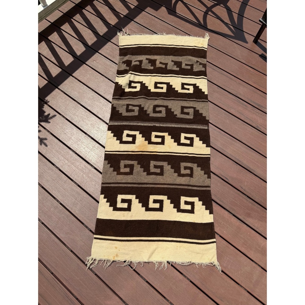 Vintage Southwestern Handwoven Wool Rug Runner Brown Grey Geometric 25x60